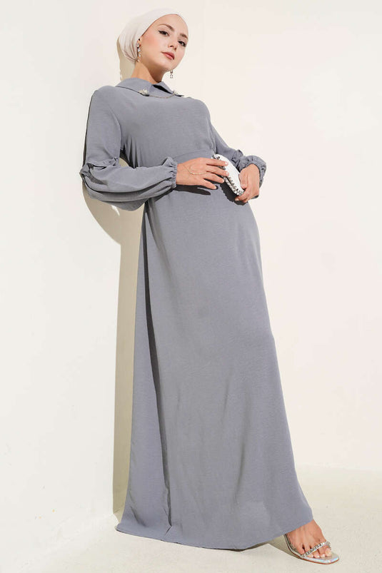 Ayrobin Kol Büzgülü Elbise Kayrak Grisi