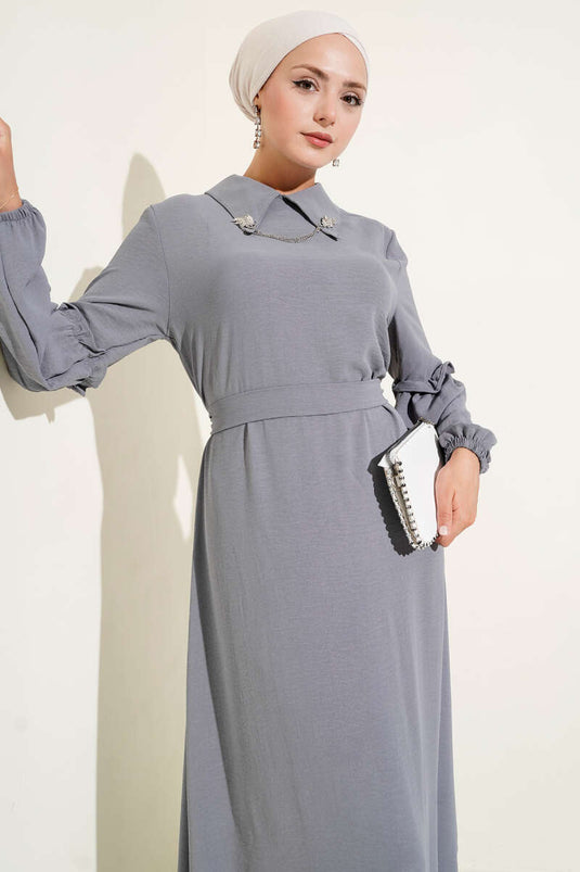 Ayrobin Kol Büzgülü Elbise Kayrak Grisi