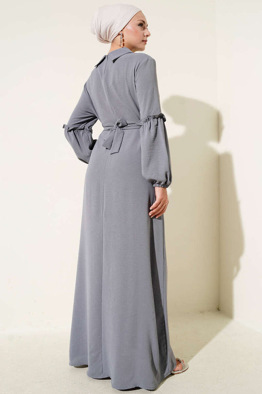 Ayrobin Kol Büzgülü Elbise Kayrak Grisi