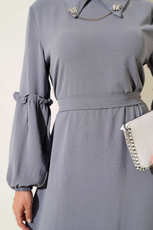 Ayrobin Kol Büzgülü Elbise Kayrak Grisi