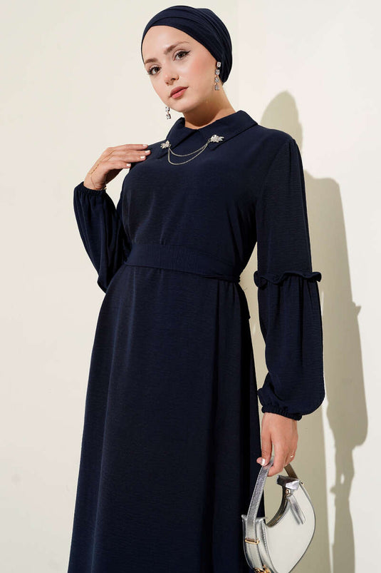 Ayrobin Kol Büzgülü Elbise Lacivert