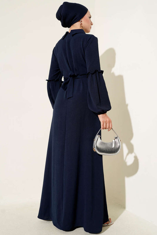 Ayrobin Kol Büzgülü Elbise Lacivert