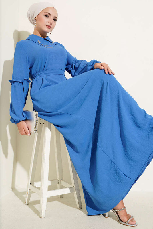 Ayrobin Kol Büzgülü Elbise Saks