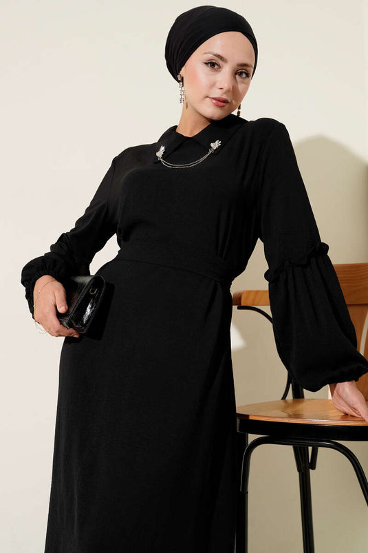 Ayrobin Kol Büzgülü Elbise Siyah