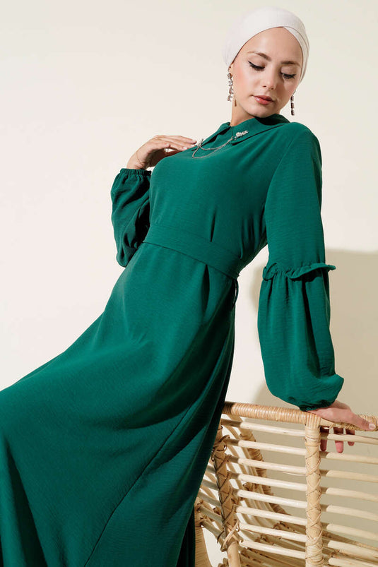 Ayrobin Kol Büzgülü Elbise Zümrüt