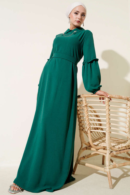 Ayrobin Kol Büzgülü Elbise Zümrüt