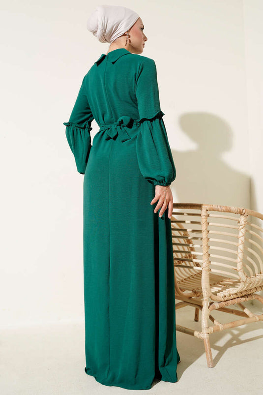 Ayrobin Kol Büzgülü Elbise Zümrüt