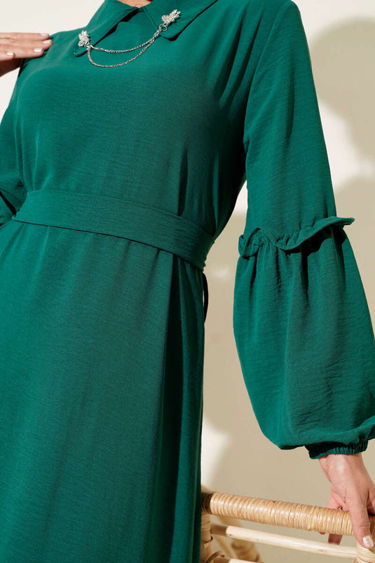Ayrobin Kol Büzgülü Elbise Zümrüt