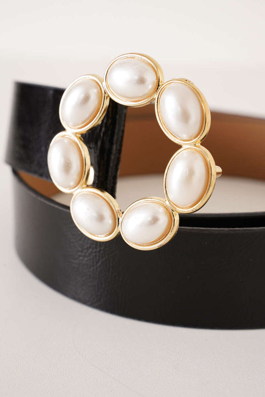 Almond Pearl Buckle Belt Black