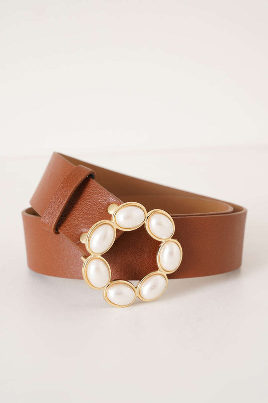 Almond Pearl Buckled Belt Tan