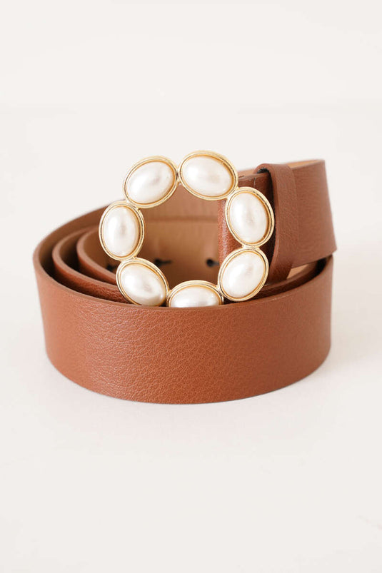 Almond Pearl Buckled Belt Tan