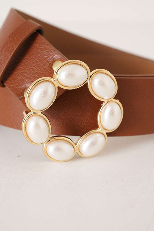 Almond Pearl Buckled Belt Tan