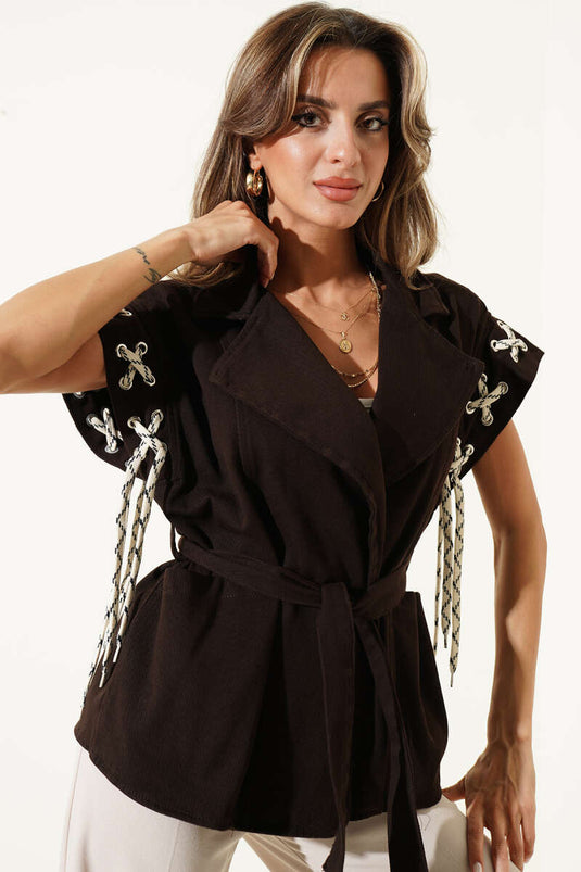 Belted Double Pocket Vest In Coffee Brown