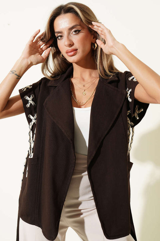 Belted Double Pocket Vest In Coffee Brown
