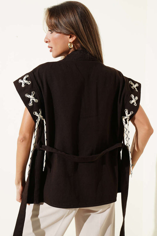 Belted Double Pocket Vest In Coffee Brown