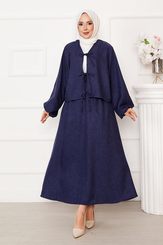 Bağcık Detaylı Etekli Tesettür Takım Lacivert