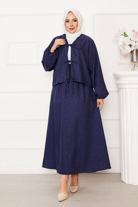Bağcık Detaylı Etekli Tesettür Takım Lacivert