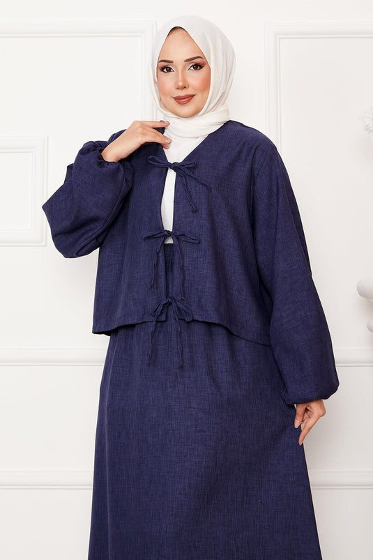 Bağcık Detaylı Etekli Tesettür Takım Lacivert
