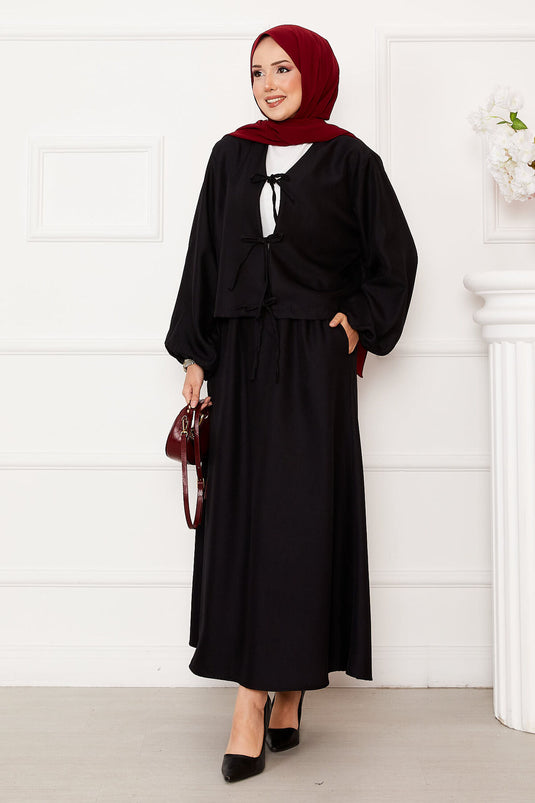 Bağcık Detaylı Etekli Tesettür Takım Siyah