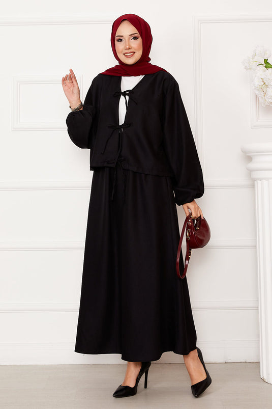 Bağcık Detaylı Etekli Tesettür Takım Siyah