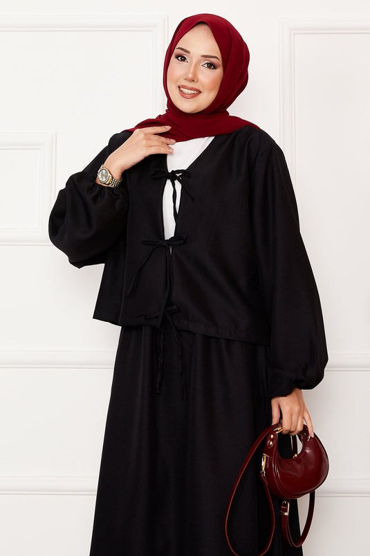 Bağcık Detaylı Etekli Tesettür Takım Siyah