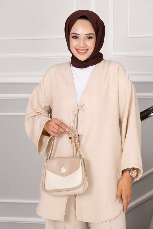 Lace Detailed Hijab Two Piece Set Cream