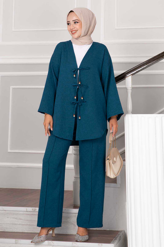 Lace Detailed Hijab Two Piece Set Petrol