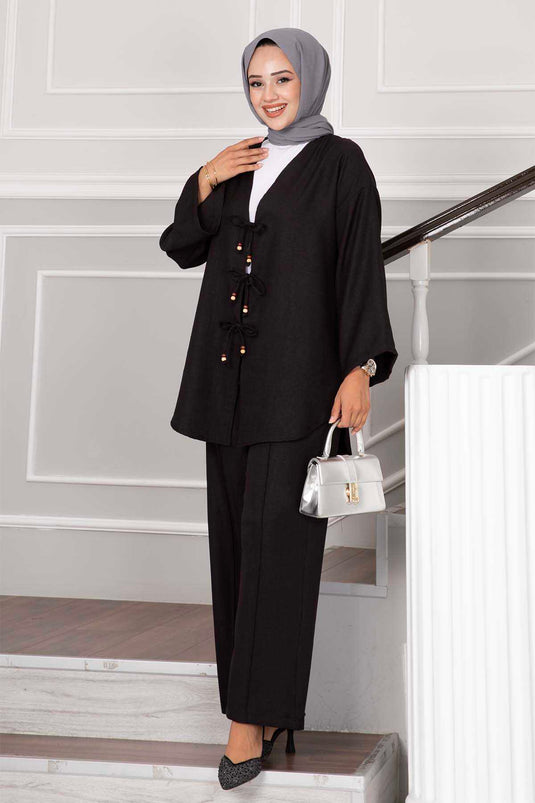 Detaillierter Hijab-Doppelanzug mit Krawatte in Schwarz