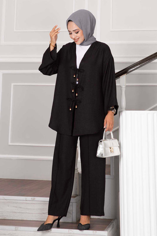 Detaillierter Hijab-Doppelanzug mit Krawatte in Schwarz