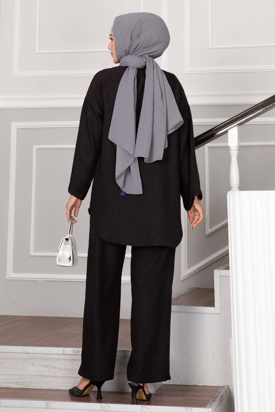Detaillierter Hijab-Doppelanzug mit Krawatte in Schwarz