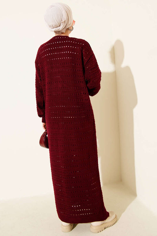 Bağcık Detaylı Uzun Triko Hırka Bordo