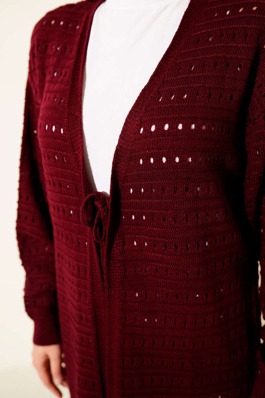 Cárdigan largo de punto con detalle de encaje, burdeos