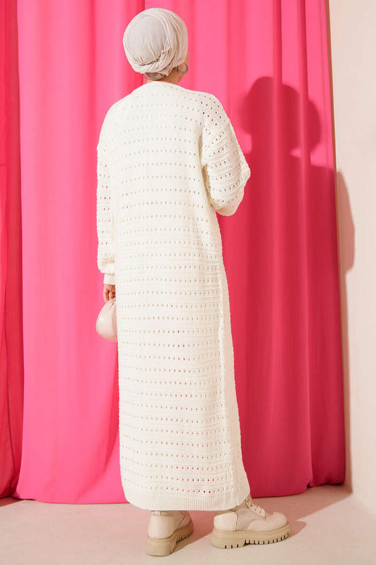 Bağcık Detaylı Uzun Triko Hırka Ekru