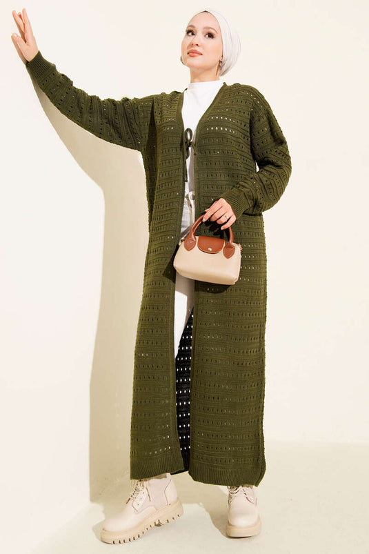 Langer Strickjacke mit Spitzendetail, Khaki