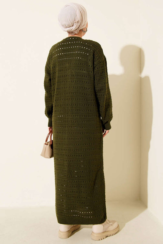 Bağcık Detaylı Uzun Triko Hırka Haki