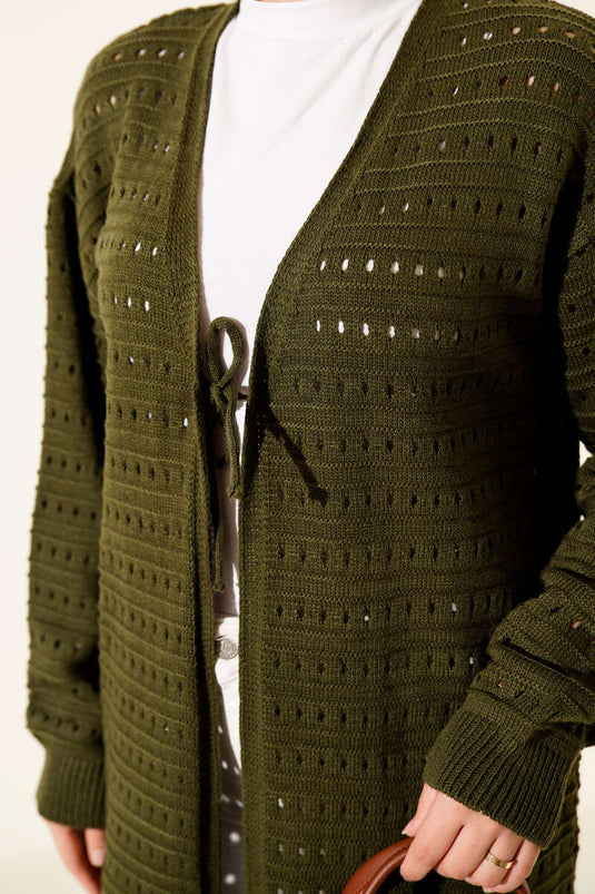 Langer Strickjacke mit Spitzendetail, Khaki