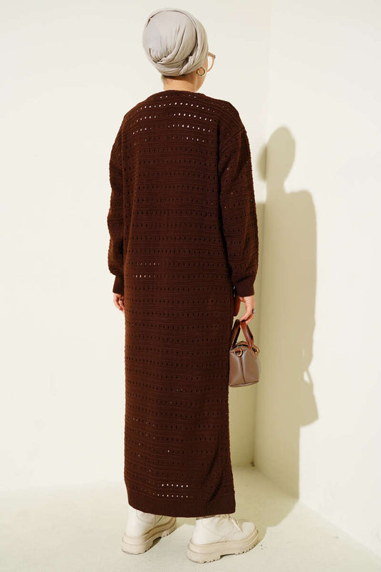 Bağcık Detaylı Uzun Triko Hırka Kahve