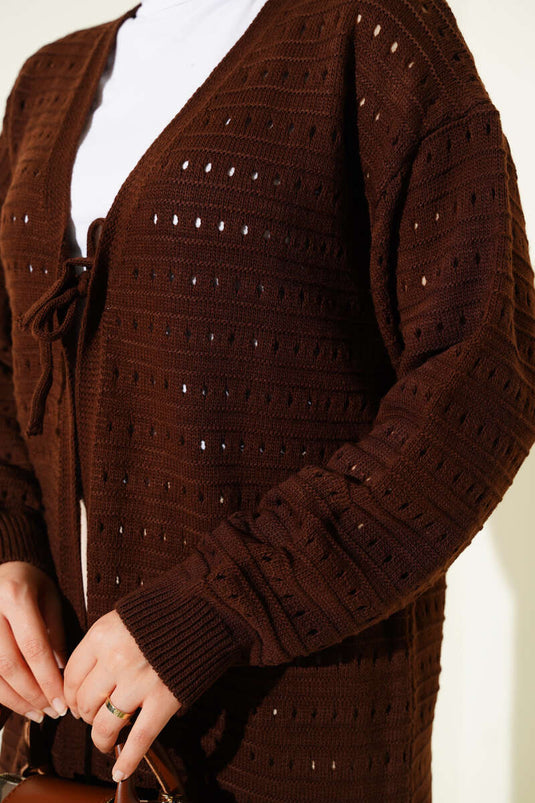Cardigan long en maille avec détails en dentelle, marron