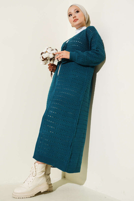 Long Knit Cardigan with Lace Detail, Petrol