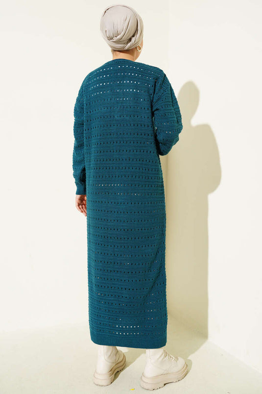 Bağcık Detaylı Uzun Triko Hırka Petrol