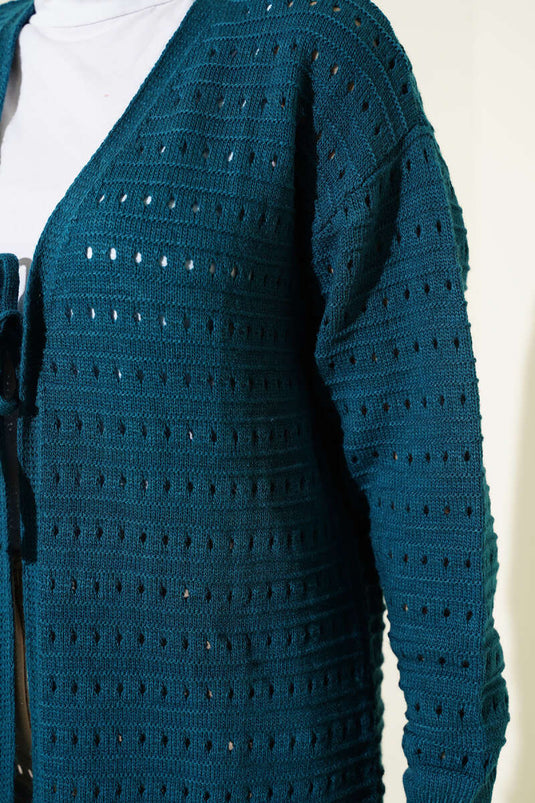 Long Knit Cardigan with Lace Detail, Petrol