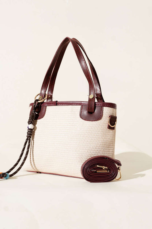 Straw Bag with Lace Trim, Burgundy