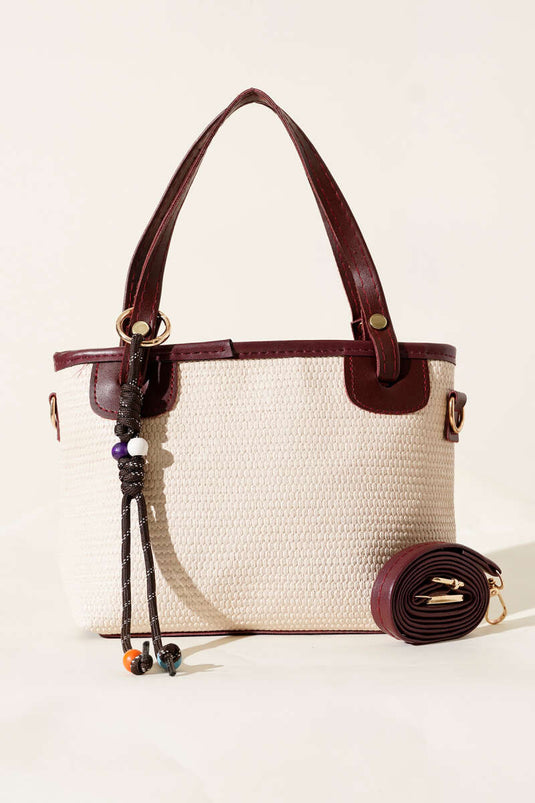 Straw Bag with Lace Trim, Burgundy