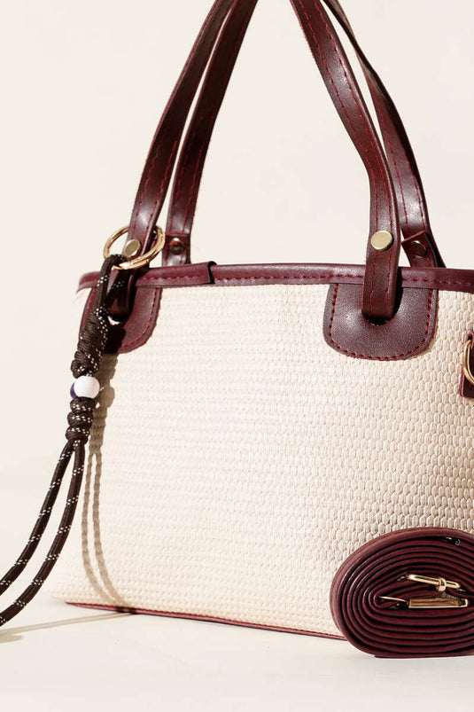 Straw Bag with Lace Trim, Burgundy