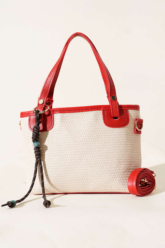 Red Straw Bag with Lace Trim Detail
