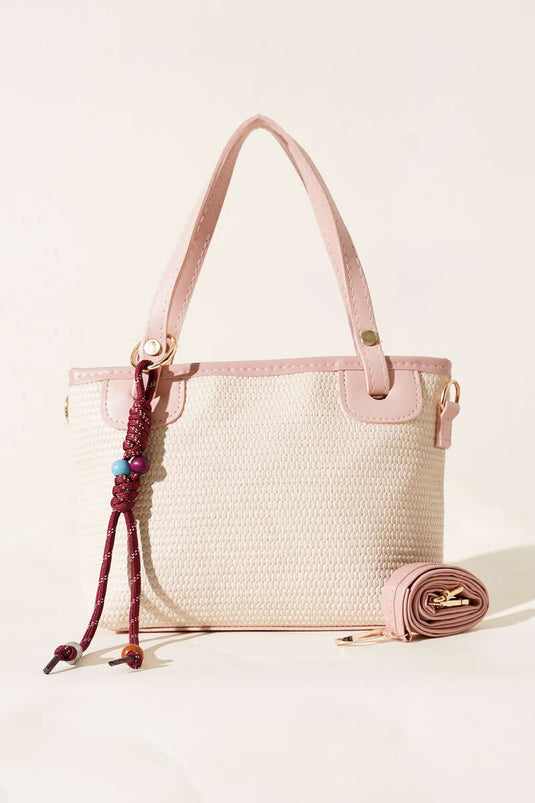 Borsa di paglia con rifiniture in pizzo, rosa cipria