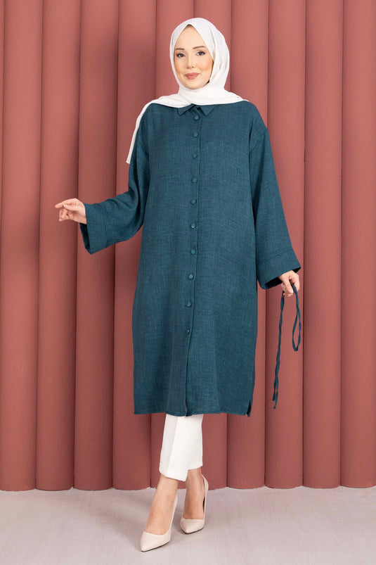 Tunic Shirt with Drawstring and Full-Length Buttons, Petrol