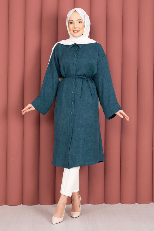 Tunic Shirt with Drawstring and Full-Length Buttons, Petrol