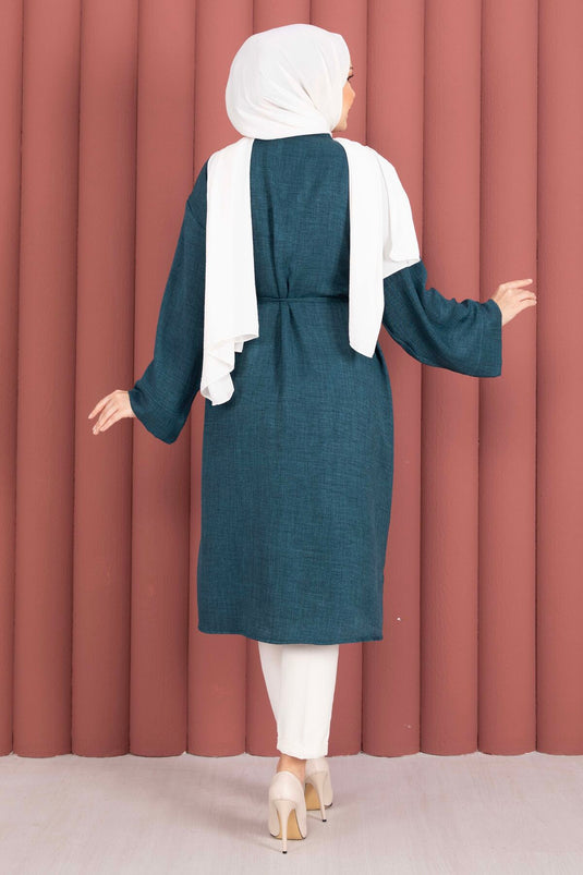 Tunic Shirt with Drawstring and Full-Length Buttons, Petrol