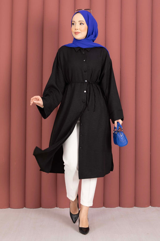 Tuniekblouse met knopen over de hele lengte en koord, zwart